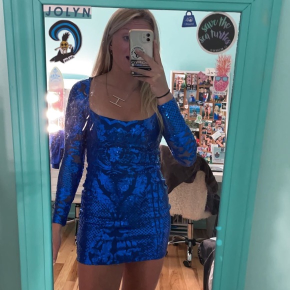 Blue Long Sleeve Mini Dress 